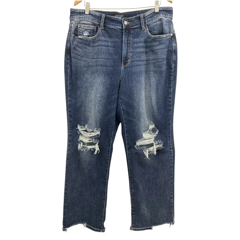 Judy Blue High Rise Straight Fit Distressed Jeans 18W Fray Hem Stretch Denim